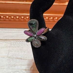 JTV Silver Ring with Green and Pink Stones